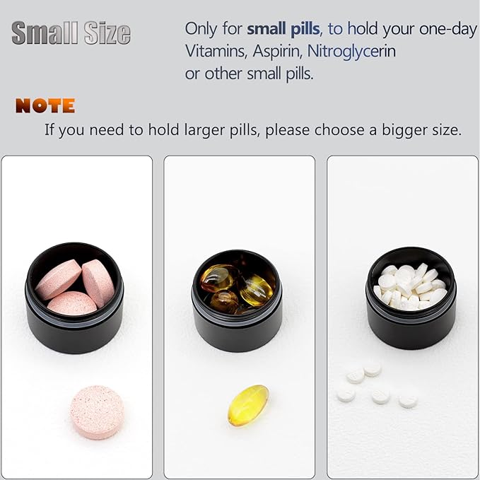 Portable Daily Pill Case, Heavy Duty Aluminium Alloy Round Pill Box, Waterproof Travel Pill Organizer, Pocket Purse Medicine Vitamin Holder EDC Container for Outdoor Camping Working