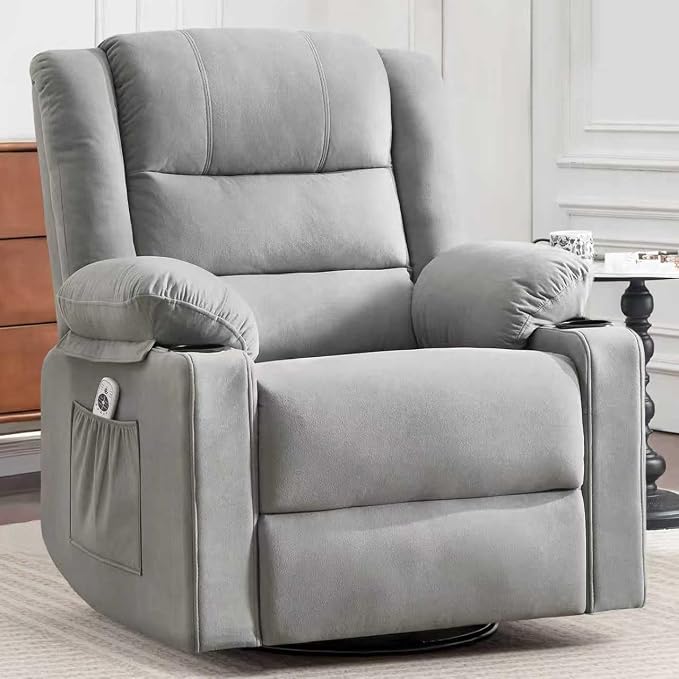 Ketaiyou Swivel Rocker Recliner Chair for Adults with Massage and Heat, Cup Holders and Side Pockets, Glider Rocking Reclining Single Sofa Chair for Living Room (L Grey)