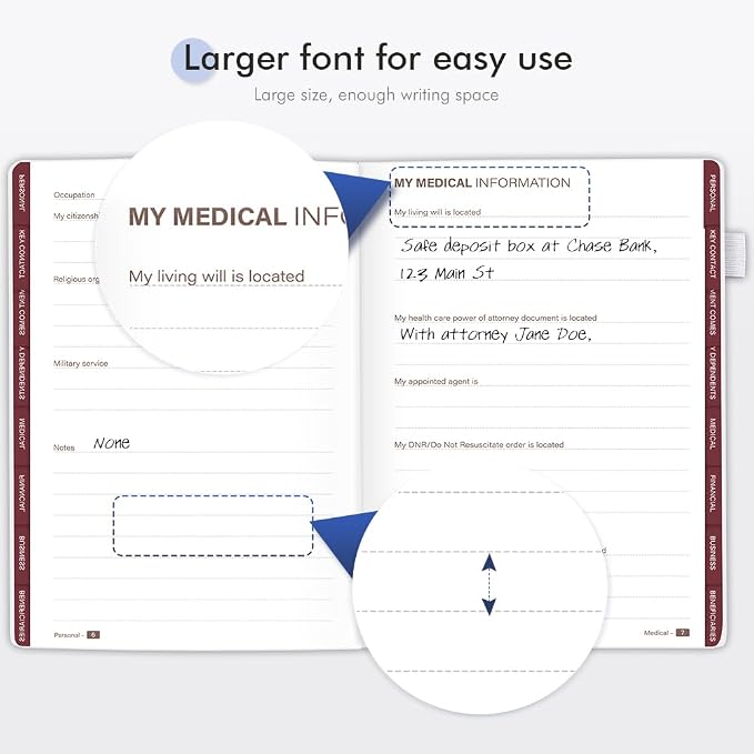 Molekaus End of Life Planner with Tabs, 7"x10" | Guided Estate Planning Organizer, Large Print, 120GSM Thick Paper, Inner Document Pockets for Final & Legal Affairs, White