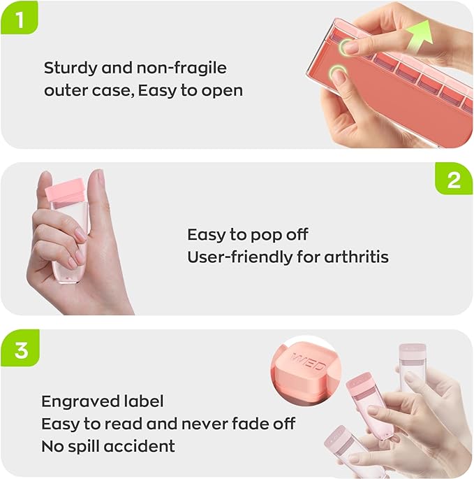 Weekly Pill Organizer 1 Time a Day, HIONXMGA Portable Detachable Travel Pill Box 7 Day, Large Once Daily Pill Holder Case, Color-Coded Dispenser for Vitamin Medicine Supplement Fish Oil, Orange Pink
