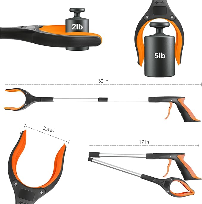 32" Grabber Reacher Tool, 1-Pack Foldable Reacher Grabber Pickup Tool with 360° Anti-Slip Rotating Jaw & Magnet, Mobility Aid Reaching Assist Tool for Trash Pick Up, Lightweight Grabber Tool, Orange