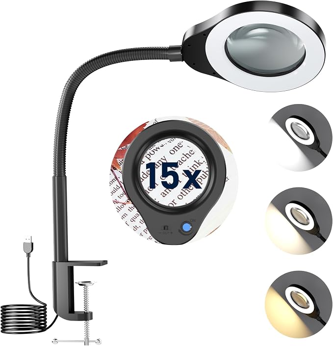 15X Magnifying Glass with Light and Stand, 5 Color Modes Stepless Dimmable LED Lighted Desk Lamp, 84 LED Magnifying Lamp Hands Free Flexible Gooseneck Magnifier for Repair Crafts Hobby Sewing