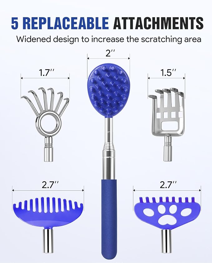 Telescoping Back Scratcher with 5 Detachable Heads, Gifts for Men, Blue | 10-31'' Reach,Stainless Steel, Non-Slip Grip, Birthday Gifts for Men Women, Christmas Stocking Stuffers, White Elephant Gifts