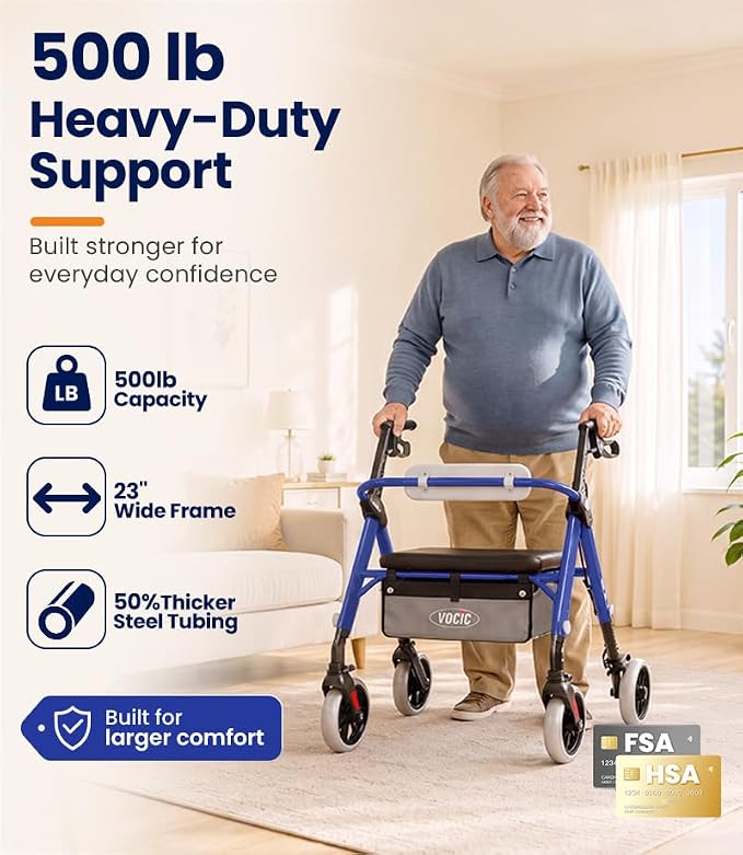 VOCIC Z11 Rollator Walkers for Seniors with Seat, 500 LBS Load, Ultra Wide | High-capacity support, 23" wide frame, ergonomic seat, dual brakes, and slim fold for home, shopping & daily walks, Blue