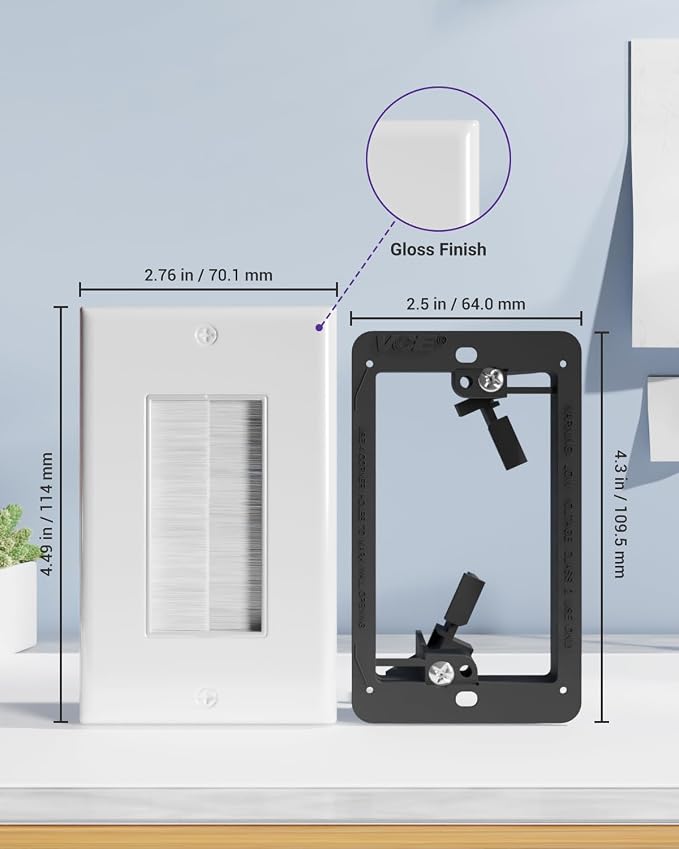 VCE Brush Wall Plate with Low Voltage Mounting Bracket, Cable Management Cover for Wall-Mount TV, HDMI Ethernet Cord Pass Through, 3-Pack (3 White Plates + 3 Black Brackets)