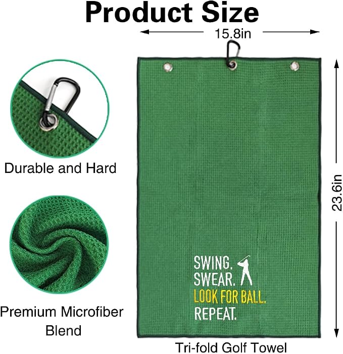 Swing Swear Look for Embroidered Green Golf Towel, Funny Towels for Golf Bags with Clip, Retirement Birthday Gifts for Grandpa Grandma Dad Golfer GolfLover, Golf Accessories for Men Women