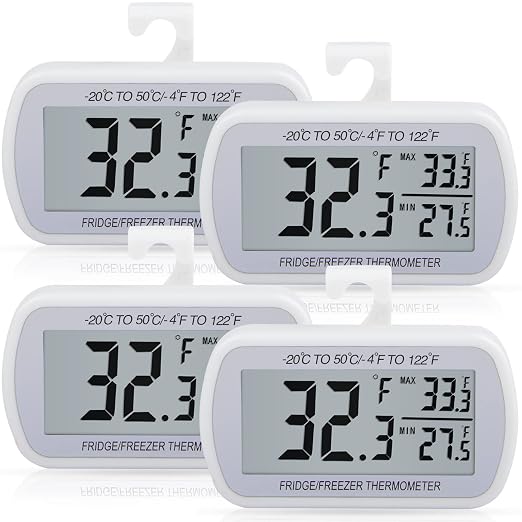 AEVETE 4 Pack Waterproof Digital Refrigerator Freezer Thermometer Large LCD | Fridge freezer room thermometer with magnetic Back, no Frills easy to read