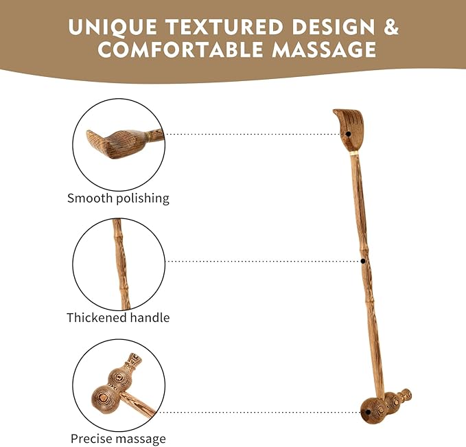 Wood Back Scratcher with Massage Hammer, 100% Natural Wood Back Scratchers for Adults Men Women,19 Inch Thicken Extended with Body Massager,Strong & Sturdy Gifts for Senior (2- Gourd Style)