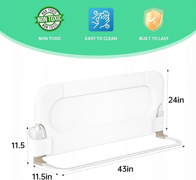 UPGOGO Folding Bed Rail for Toddlers, White, 43" L x 23.6" H | U-shaped base，Reinforced Anchors, Built-in Sponge , Secure lock