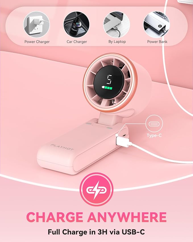 PlayHot Portable Handheld Turbo Fan, Travel Essentials, Gifts for Women/Men | 5-Speed, Up to 12H, 10m/s Airflow, USB-C Rechargeable, LED Display, 3-in-1 Foldable Personal Fan for Cruise, Beach, Vacation