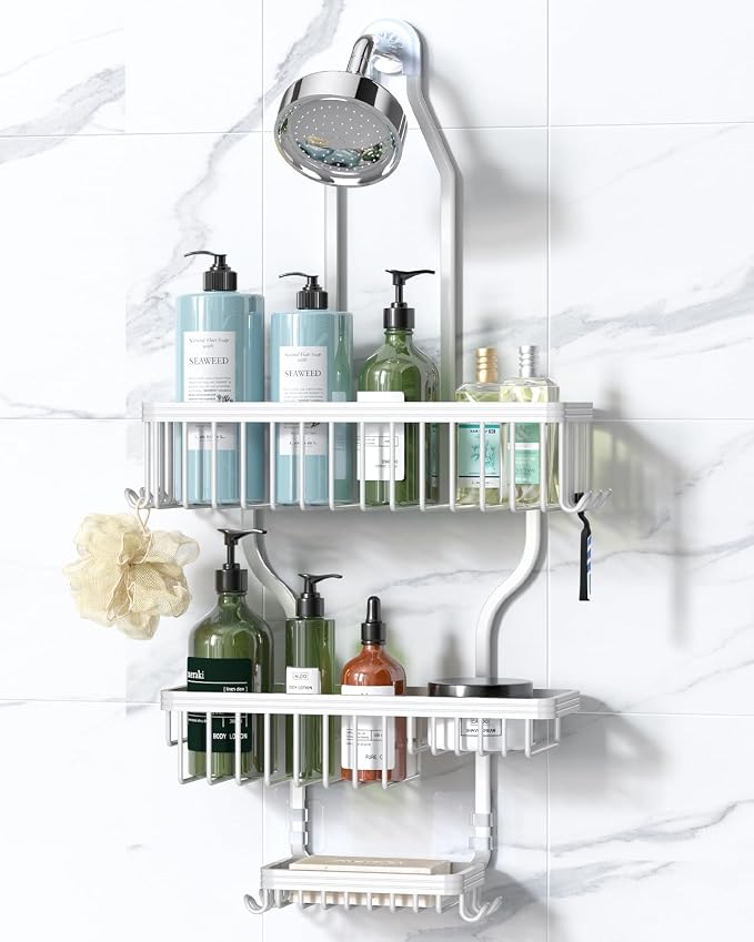 YASONIC Never Rust Shower Caddy Hanging, Aluminum Shower Racks for Inside Shower, 3-Tier Shower Organizer Hanging Over Shower Head with Hooks and Soap Holder, White