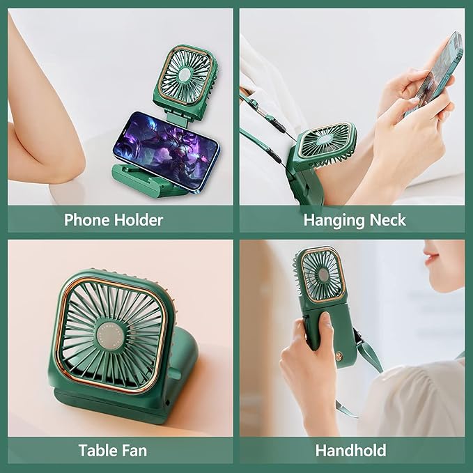 Portable Neck Fan Mini Quiet Handheld Personal Foldable USB Rechargeable Fan with Phone Holder founction for Home Office Outdoor Travel, Hands Free Necklace Fans