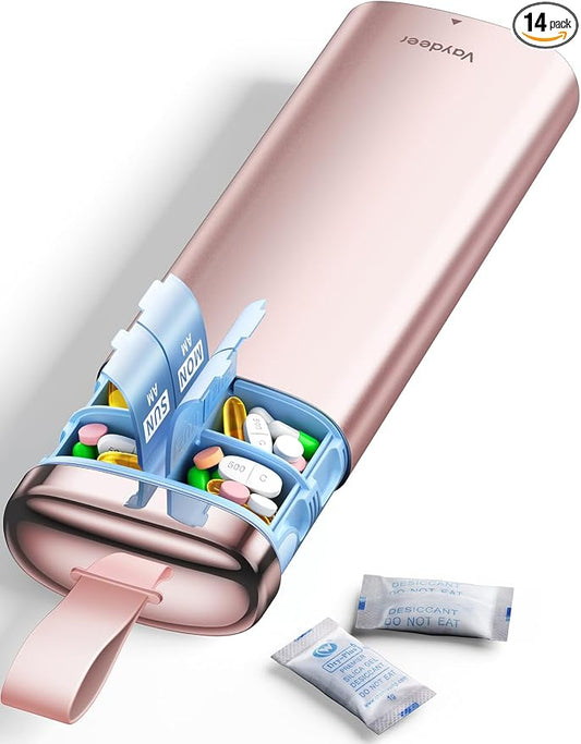 Vaydeer Metal Pill Organizer 2 Times a Day, AM PM 7 Day Weekly Pill Box with Built-in Desiccant, Airtight Moisture-Resistant Travel Pill Case for Medication & Supplements (Rose Gold)