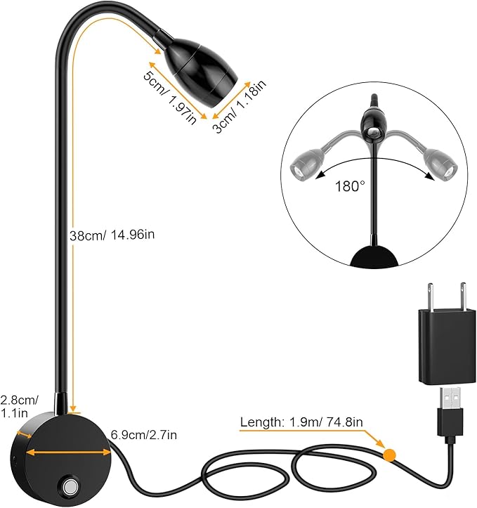Wall Mounted LED Reading Light with 15" Flexible Gooseneck, Focused Adjustable Book Light for Reading In Bed with 3000K Warm Light, Plug In Dimmable Bedside Headboard Night Lamp, Touch Control-2 Pack