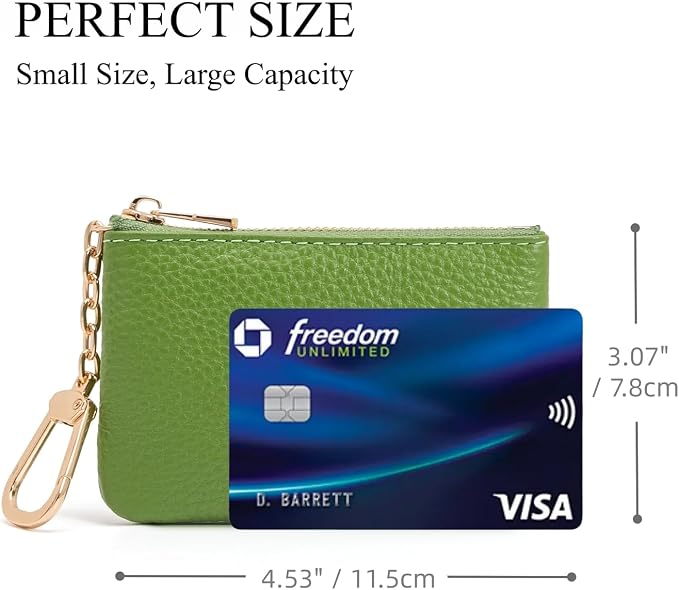 Full Grain Leather Coin Purse with Key Chain - Small Change Purse Keychain Card Holder Keychain Pouch Small Keychain Wallet for Women and Men (Grass Green)