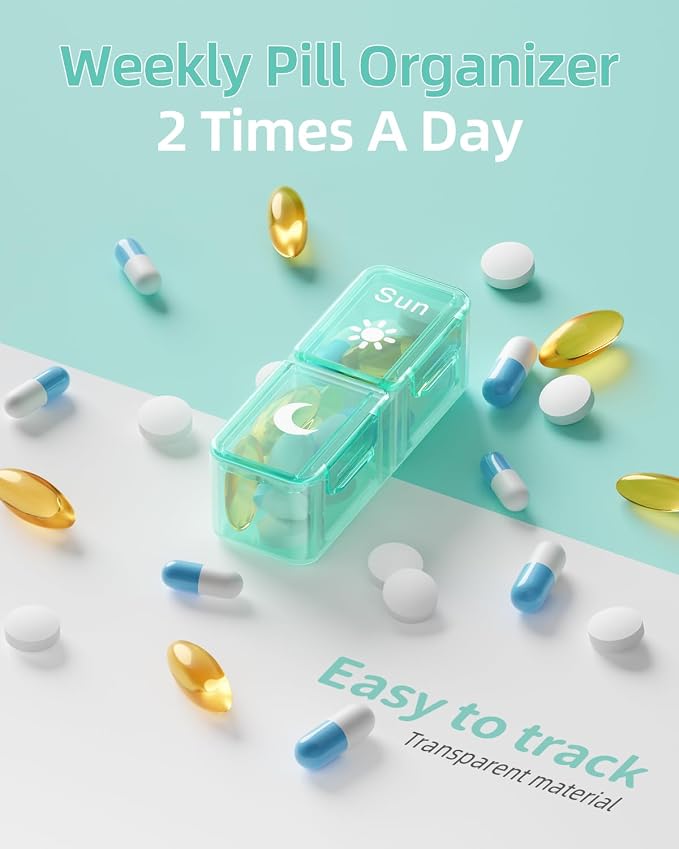Betife AM PM Pill Organizer 7 Day, Weekly Pill Organizer 2 Times a Day, Daily Pill Box AM PM, Portable Travel Medicine Case, Day and Night Pill Container for Medication, Vitamin or Supplement（GN）