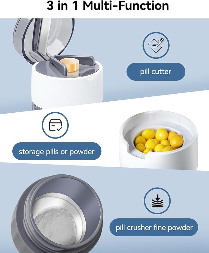 Pill Crusher and Pill Cutter - Cotatoc 3-in-1 Pill Crusher Fine Powder with Stainless Steel Grinding Head, Tablet Grinder with Storage for Tablets, Pill Cutter Splitter for Small and Tiny Pills (Gray)