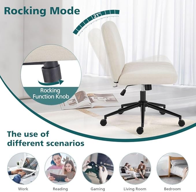 Criss Cross Chair with Wheels, Ergonomic Armless Swivel Comfy Vanity Seat, Wide Back Support and Adjustable Height for Home Office Bedroom Computer Gaming Makeup, Beige Fabric