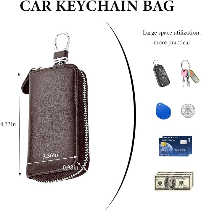 Leather Car Key Holder Bag, Unisex Key Fob Case with 6 Hooks, Zipper Closure Keychian Case Wallet for Smart Keys (Coffee)