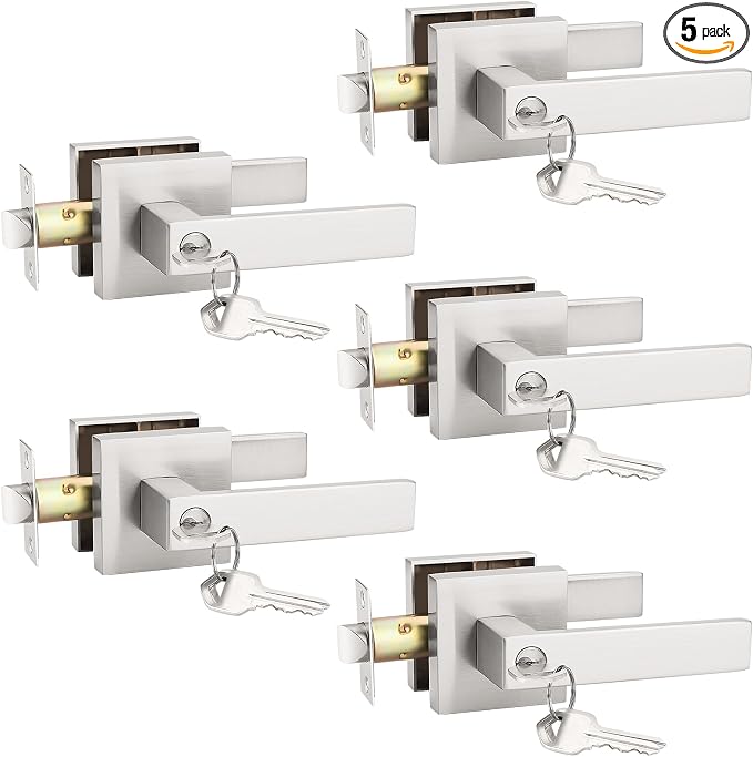 KNOBWELL 5 Pack Brushed Nickel Door Handles with Lock and Key, Locking Door Knob for Bedroom/Bathroom/Front Door/Gate/Garage(Same Key)