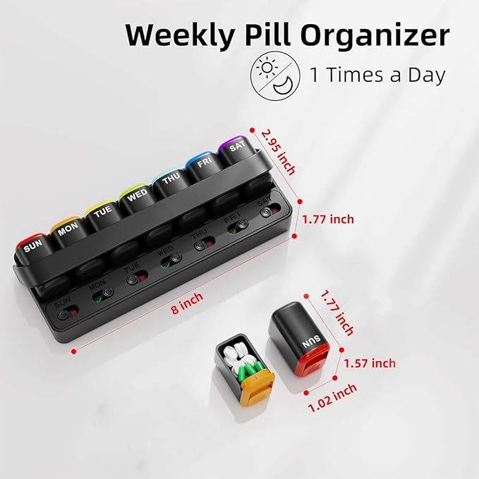 Weekly Pill Organizer, 7 Day Once a Day Pill Box with Visual Check Indicators, Detachable Travel Pill Case, Large Capacity Vitamin & Medicine Organizer (Black)