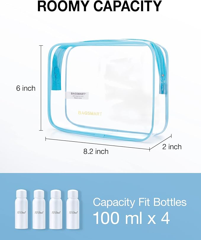 BAGSMART Clear Toiletry Bag, 2 Pack TSA Approved Travel Toiletry bag Carry on Travel Accessories Bag Airport Airline Quart Size Bags Water Repellent Makeup Cosmetic Bag for Women (Blue-2Pcs) | Carry on Travel Accessories Bag, Airport Airline Quart Size...