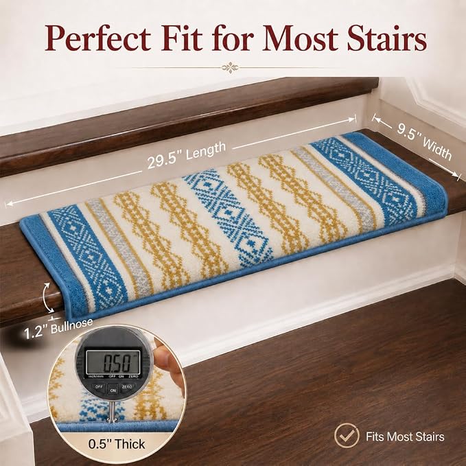 Rounded Bullnose Carpet Stair Treads for Wooden Steps Indoor, No Tape Non Slip Step Mats with TPU Backing & Steel Reinforced Edge for Dogs Elders,Teal Stripe,14