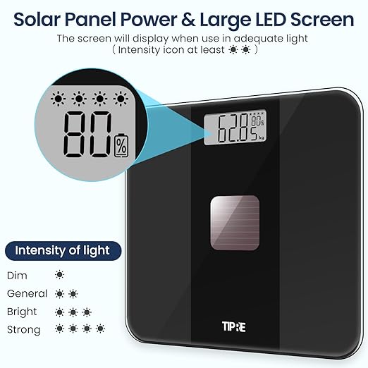 TIPRE Solar Powered Weight Scale with Endless Power, Scale for Body Weight, Electronic Bathroom Scale for Weight Loss, Digital Weighing Scale with 0.1lb Accuracy No Battery Required, 400lb/180kg