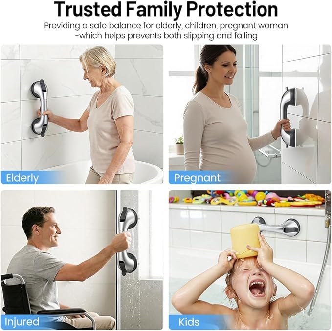 2 Pack Grab Bars for Shower Handle, Elderly Assistance Products, Seniors Removable Bar Safety, Suction Cup Handles for Bathtubs and Showers/Bathroom/Walls, Heavy Duty Handrails Grip,No Drilling Sliver