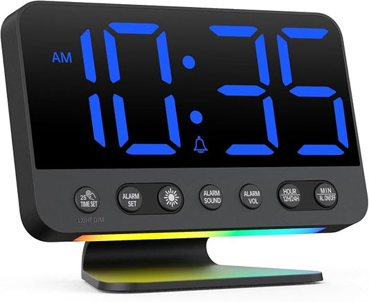 AuroraCalm Digital Alarm Clock with Large Numbers for Bedrooms: Bold Display Readable Across The Room with 5 Level Brightness - 5 Alarm Sounds 8 Night Lights for Kids Seniors Teens - Blue