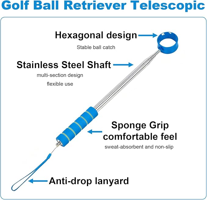 Golf Ball Retriever Telescopic, 9Ft Golf Ball Retriever for Water, Professiona Stainless Steel Ball Retriever Tool Golf, Light Weight Double Sided Golf Ball Grabber, Golf Accessories Gifts