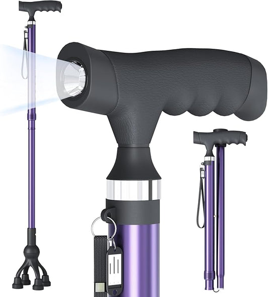 Walking Cane with LED Light for Seniors Men Women, Adjustable Folding Canes for Elderly, Ergonomic Handle & All Terrain Shock Absorbing Base, Walking Sticks for Indoor Outdoor Travel Hiking Support