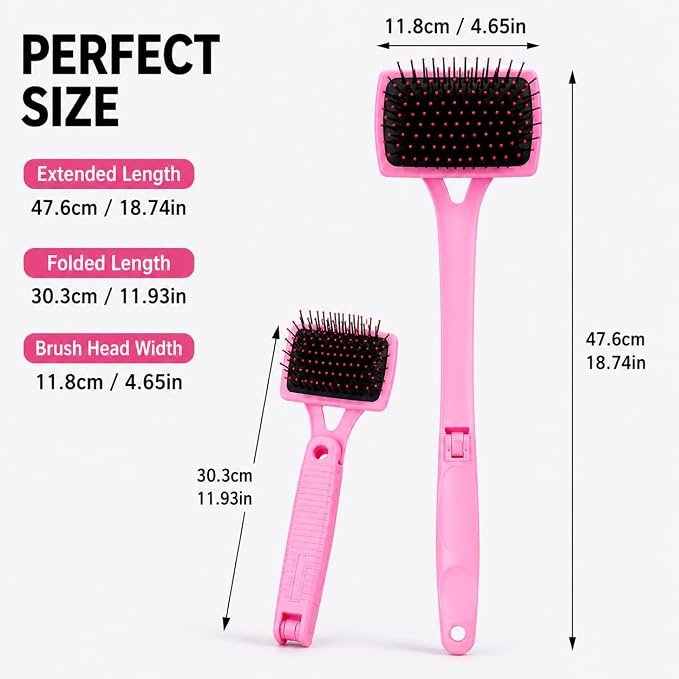 Back Scratcher Extendable Pink Folding Handle for Men Women | Long reach folding handle with soft bristles for back shoulders legs and everyday personal care use at home or travel