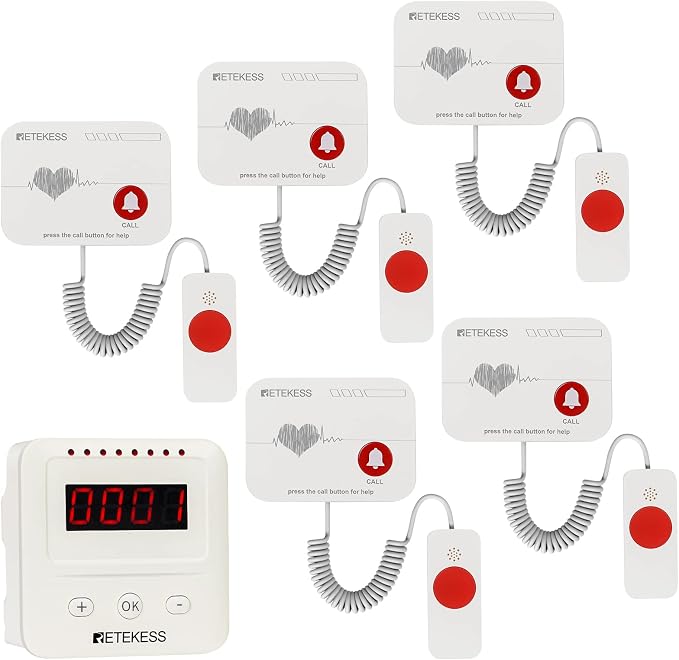 Retekess TH106 Wireless Caregiver Pager System for Home,Clinic,Nursing Home | Two power supply methods, 656ft, 28 optional ringtones, Memory function