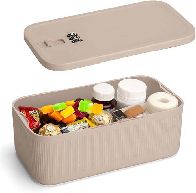 Small locked box for Med, Small medicine lockbox with code, Lockable Storage Box with Combination for for Pills, Locked Container for Home/Fridge/Office/School/Travel/Gifts