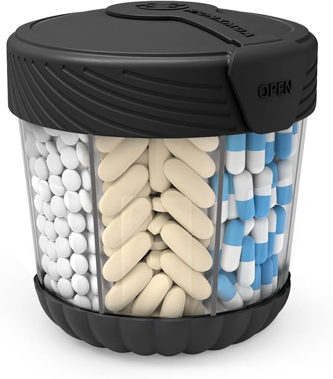 Large Pill Dispenser with 7 Compartments, Portable Pill Bottle Organizer for Travel, Anti-Mix Supplement Organizer Easy Twist Wide-Opening, BPA-Free Pill Box Container with 20Pcs Labels,Black