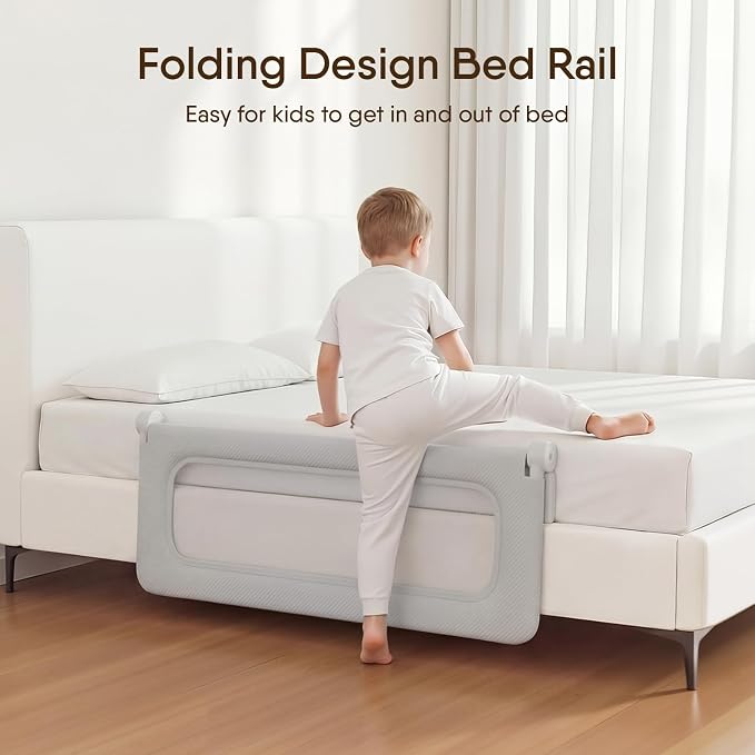 Bed Rail for Toddlers, 47 Inch Foldable Baby Guard | 47 in foldable toddler rail with reinforced anchors, no-gap mattress fit, double lock, washable fabric for King|Queen