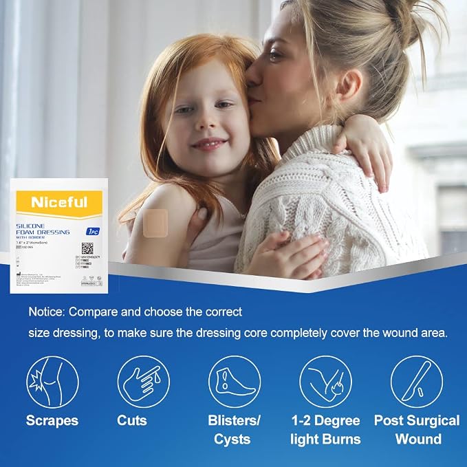 Niceful 10 Count Silicone Foam Dressing 1.6" x 2", Wound Dressing for Minor Surgical Incisions, Abrasions, Absorbent Silicone Bandages for Sensitive Skin, Small Bed Sore Bandages