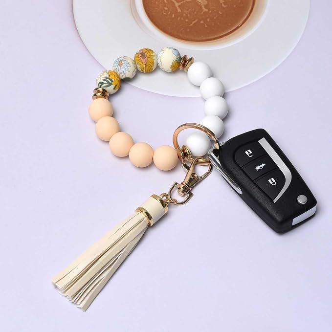 BAOSIWA Silicone Beaded Bracelet Keychain Wristlet Key Ring Bangle Chains for Women with Leather Tassel