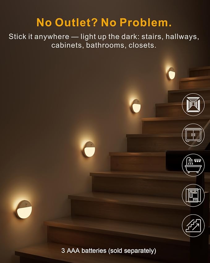 Toilet Light Motion Sensor, Battery Operated Night Light Indoor | 2 Pack, 3 Modes, Dimmable 1-15lm, Low Light No Plug, Small Wireless Stick on Light for Bathroom, Stairs, Cabinet, Warm Yellow