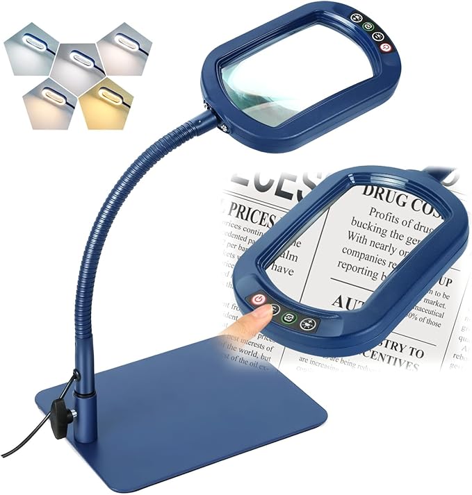 Veemagni 12X Rectangle Magnifying Glass with Light and Stand, Flexible Gooseneck LED Lighted Desk Lamp, 5 Color Modes Stepless Dimmable, Hands Free Magnifier for Reading Painting Close Work - Blue