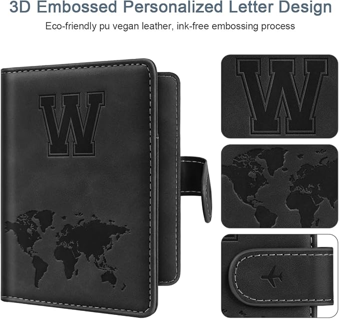Passport Holder for Travel Essentials Personalized Initial Wallets | Embossed Letter A-Z Design, RFID Blocking, Passport Cover, Passport Book Holders, Men Women, Personalized Gifts, Black-W