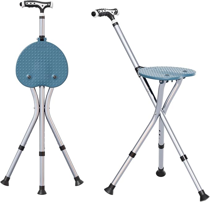Alloy Folding Cane with Seat, Lightweight Adjustable Walking Cane with Seat, Cane Seat with LED for Seniors, Cane Chair for Woman/Man,Anti-Slip Walking Stick for Seniors