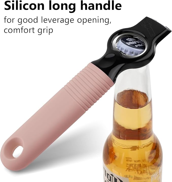 2-Pack Magnetic Beer Bottle Opener & Soda Can Opener, 2-in-1 Bottle Opener and Can Tab Opener Tool for Bartender, Long Nails, Arthritis, Silicone Handle with Build in Magnet - Dirty Pink