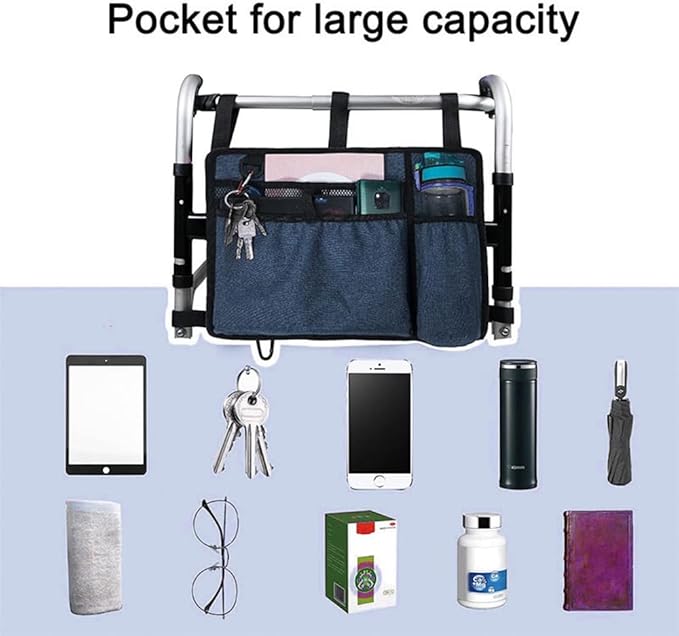 Elfzone Walker Accessory Bag - Walker Bags，Rollator Organizer Pouch for Walker Water-Resistant Armrest Accessories for Seniors, Elderly, Handicap, Blue