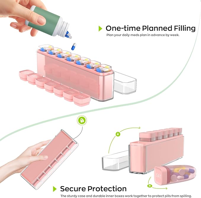 Weekly Pill Organizer 1 Time a Day, HIONXMGA Detachable Travel Pill Box 7 Day, Large Medicine Pill Case Container for Daily Medication Vitamin Supplement Fish Oil, Portable Week Pills Holder, Pink