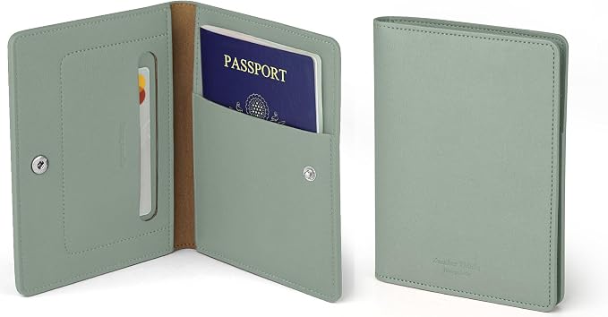 Premium RFID Blocking Leather Passport Holder & Wallet – Mint Grey | Family Travel Document Organizer – for 2 Passports, Cards, Boarding Passes & Travel Essentials