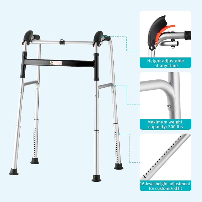 Foldable Stair Climbing Walker for Seniors | Adjustable Height, Wheel-Free Walking Aid, Lightweight Aluminum Alloy, Supports Up to 300lbs, Portable Stair Assist Bar