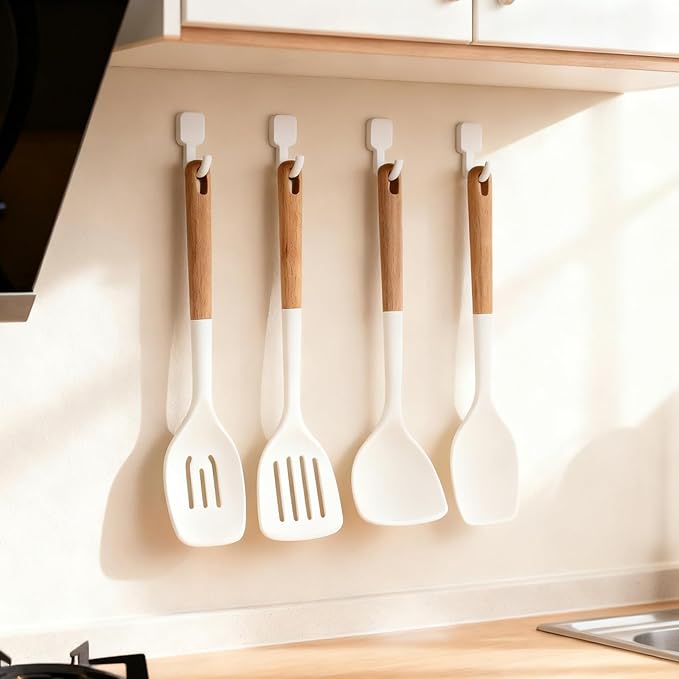 Silicone Kitchen Utensils Set of 4, Large Non-Stick Cooking Utensil Set w Wooden Handle Food Grade Heat Resistance Turner Spoon Silicone Cooking Kitchen Gadgets BPA Free for Nonstick Cookware