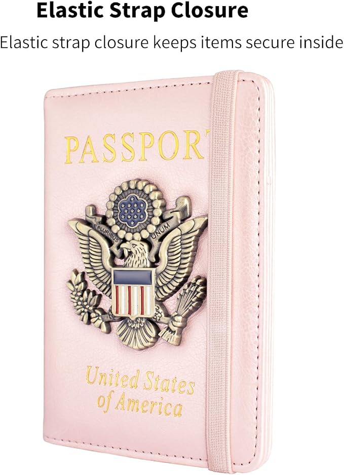 Passport Holder and Card Slot Combo RFID Blocking Leather Travel Passport Wallet for Men and Women US Passport Cover,Rose Gold